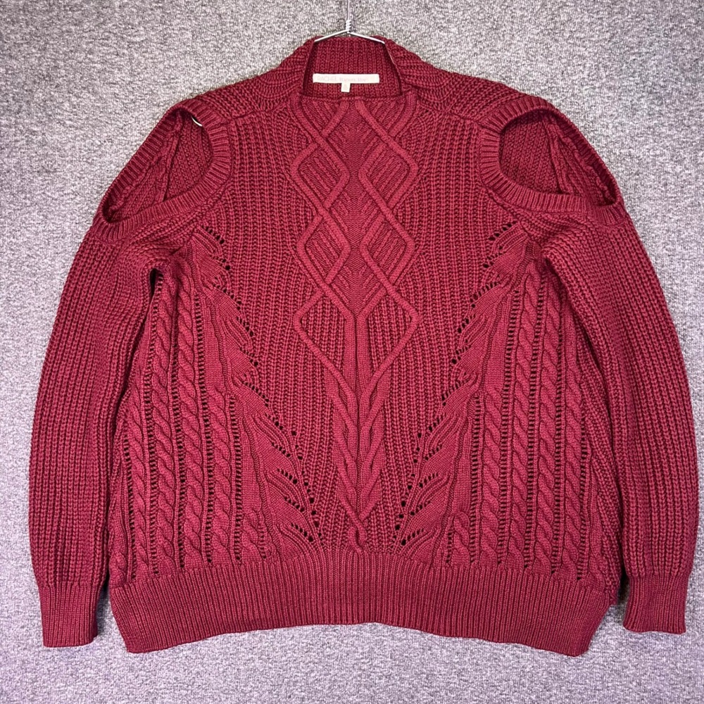 Rachel Roy Cold Shoulder Sweater Womens XL Burgundy Cable Knit Casual Mock Neck